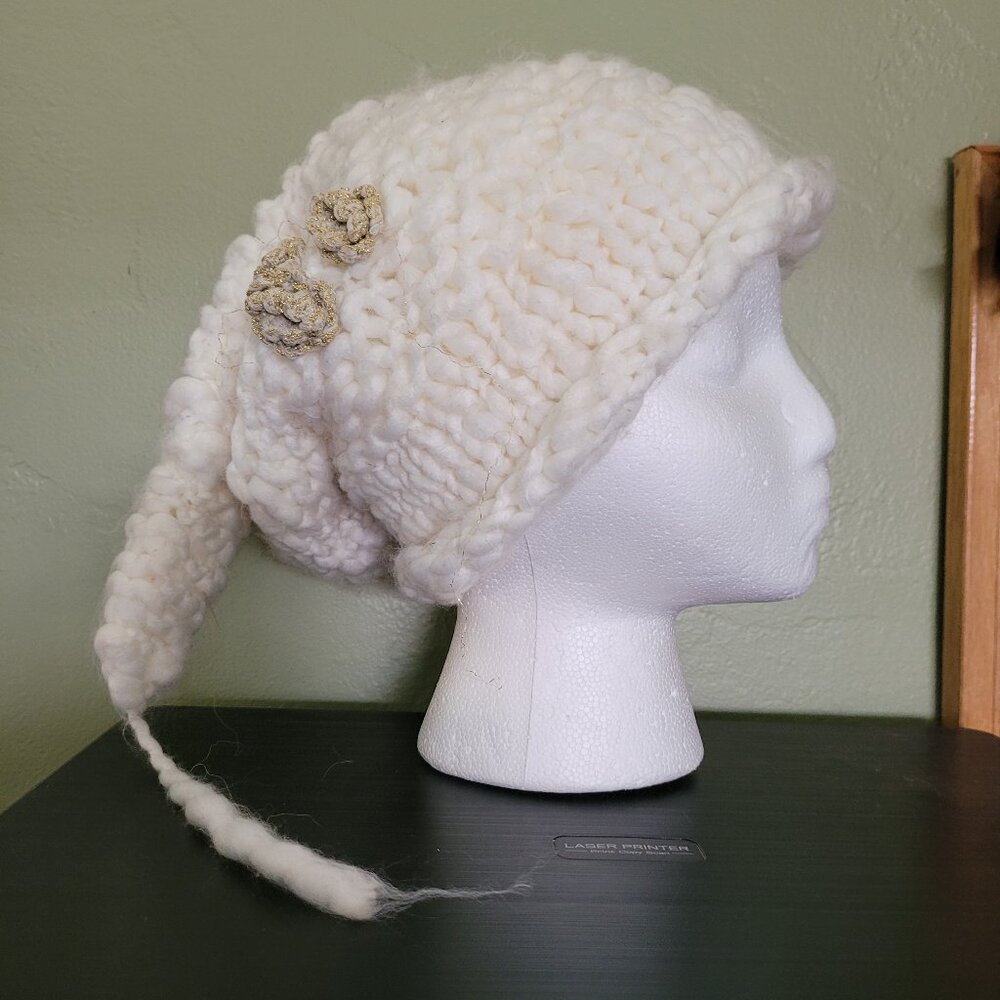 White Beanie with Gold Floral Embellishment